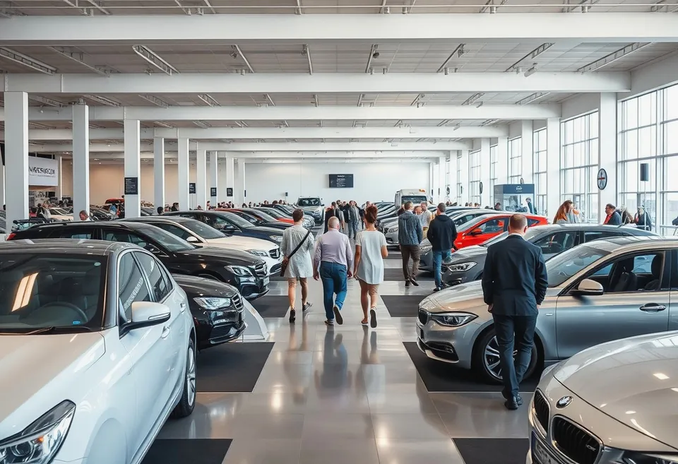 A wide aisle on a motor show floor with cars raised on low platforms