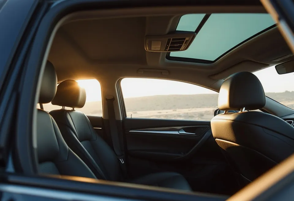 The front seats and dashboard of a large saloon photographed from the rear door