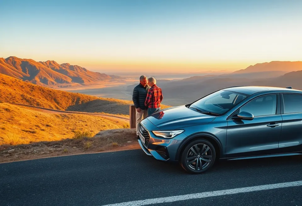 A roadside viewpoint above a river valley with a parked car and open doors